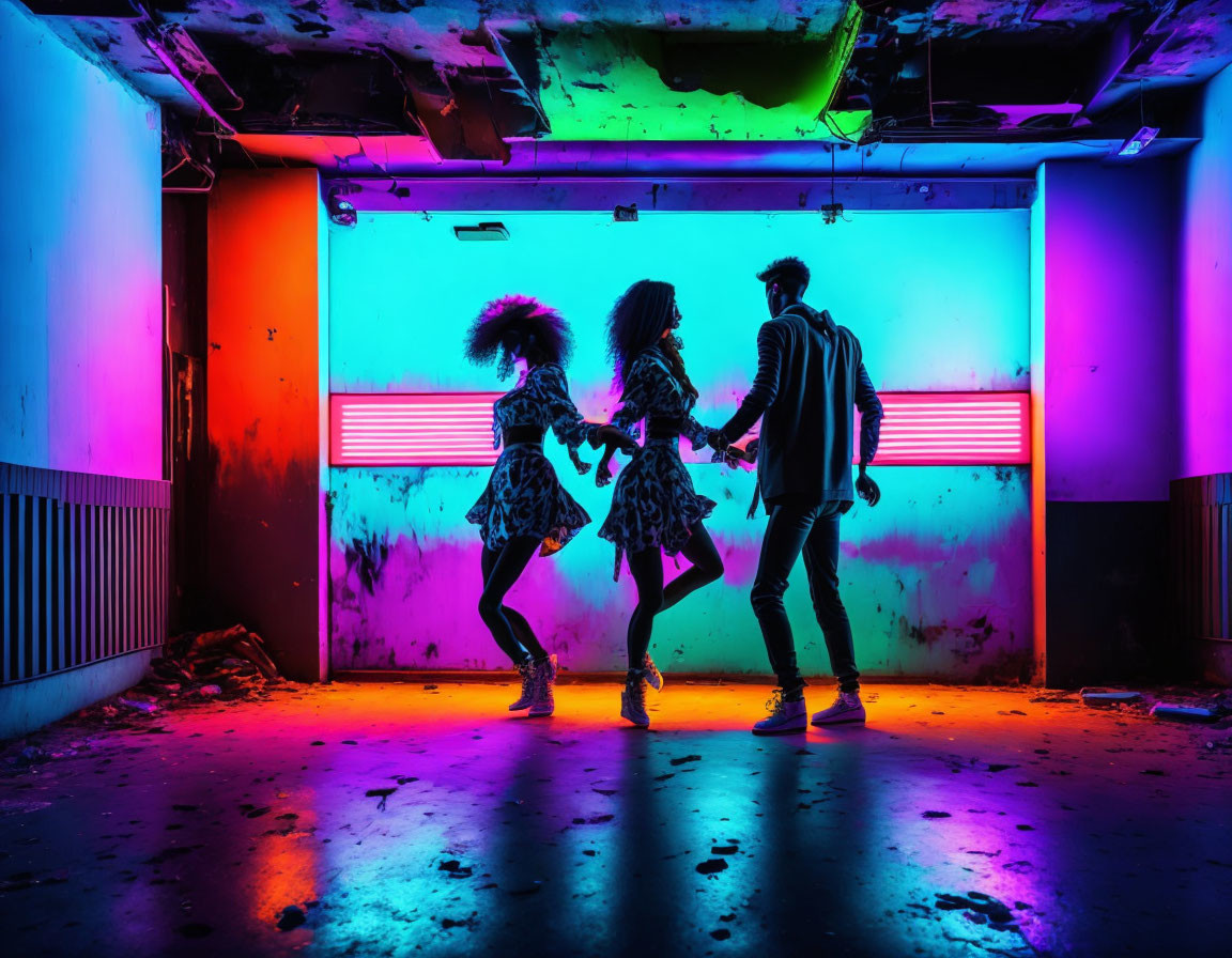 Vibrant pink and blue lit abandoned room with three dancing figures