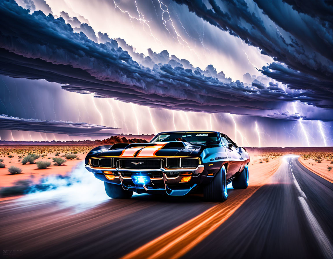 Vintage Muscle Car Racing Through Desert Storm with Lightning