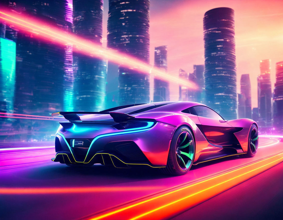 Futuristic sports car in cyberpunk city with neon accents