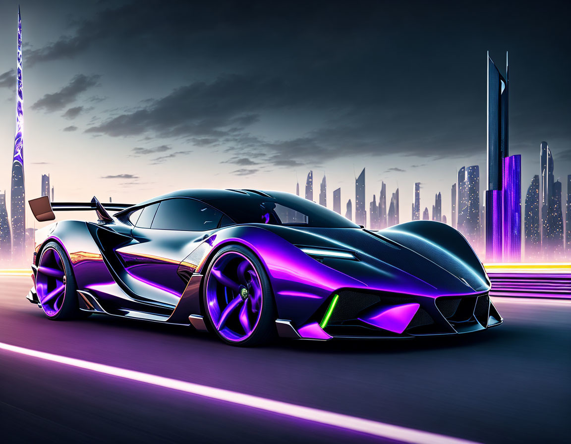 Iridescent Purple and Black Hypercar on City Road at Dusk