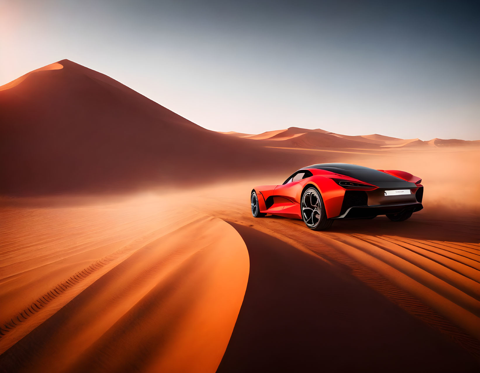 Red sports car driving on desert road with sand dunes and clear sky