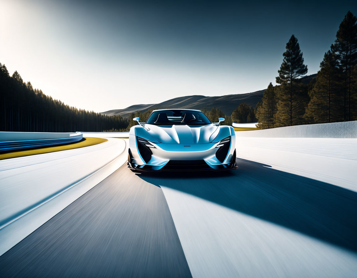 Blue sports car racing on track with trees, mountains, and clear sky.