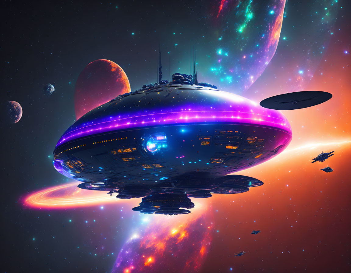 Futuristic spaceship in vibrant sci-fi scene