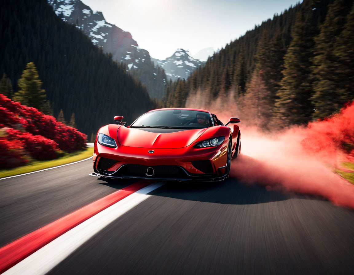 Red sports car with trailing red smoke on mountain road.