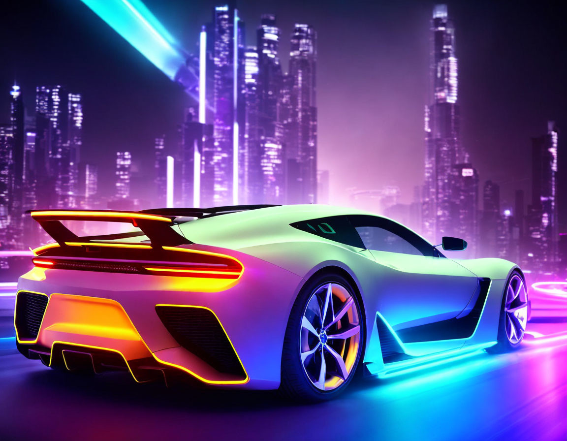 Vibrant sports car with neon accents against futuristic cityscape