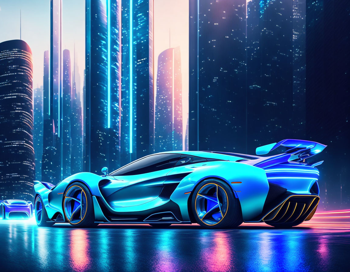 Futuristic blue sports car on neon-lit urban street at twilight