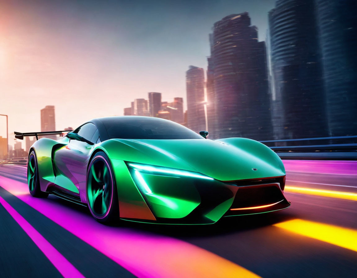 Green sports car racing on city bridge at dusk with neon lights and skyscrapers.