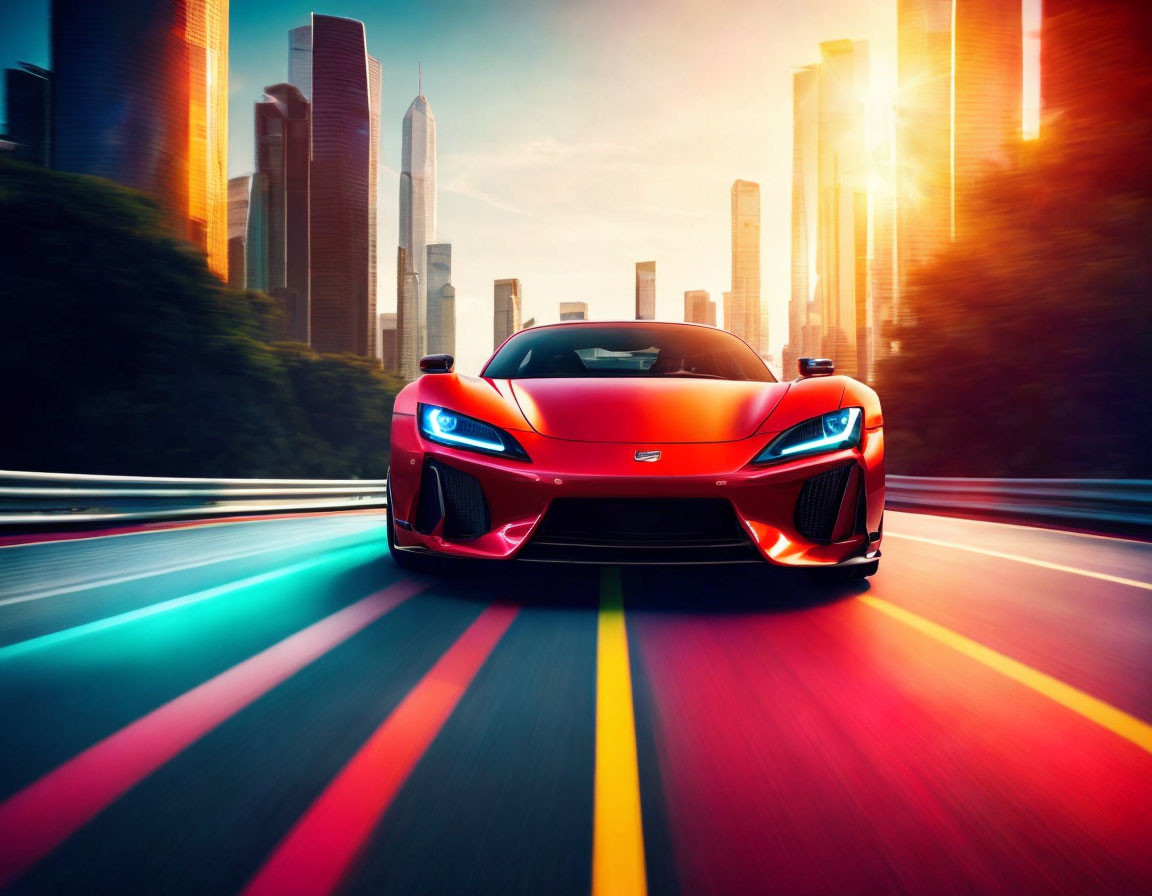 Speeding Red Sports Car in City Sunset Scene