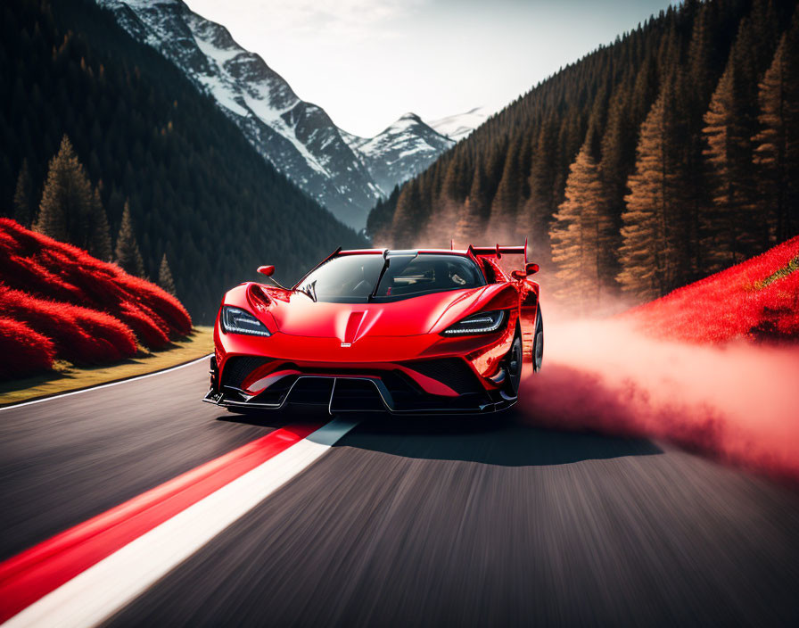 Red sports car with red smoke on mountain road scenery