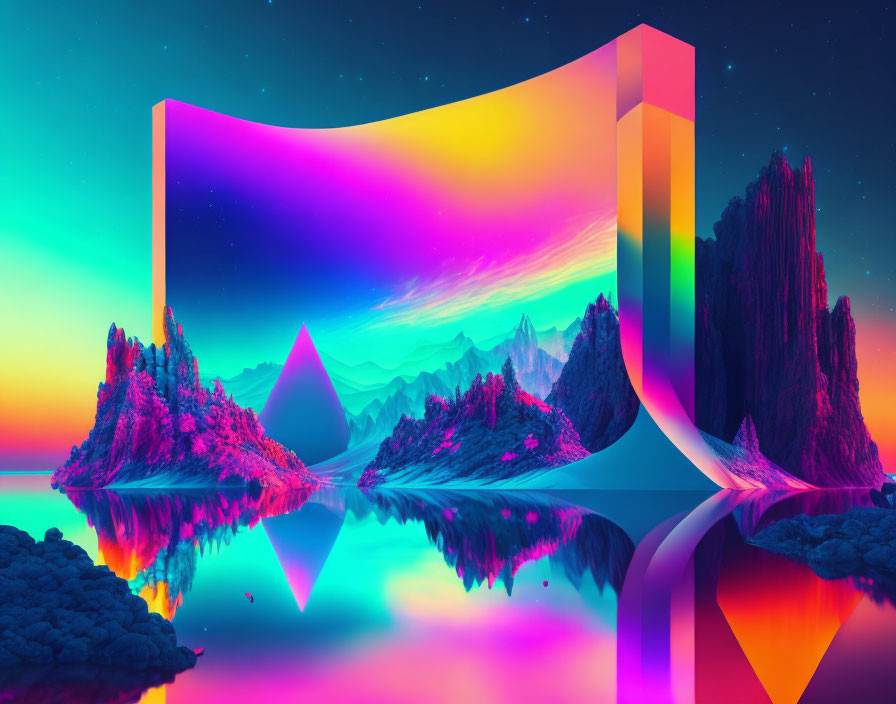 Surrealist landscape with neon ribbon, mirrored mountains, serene lake