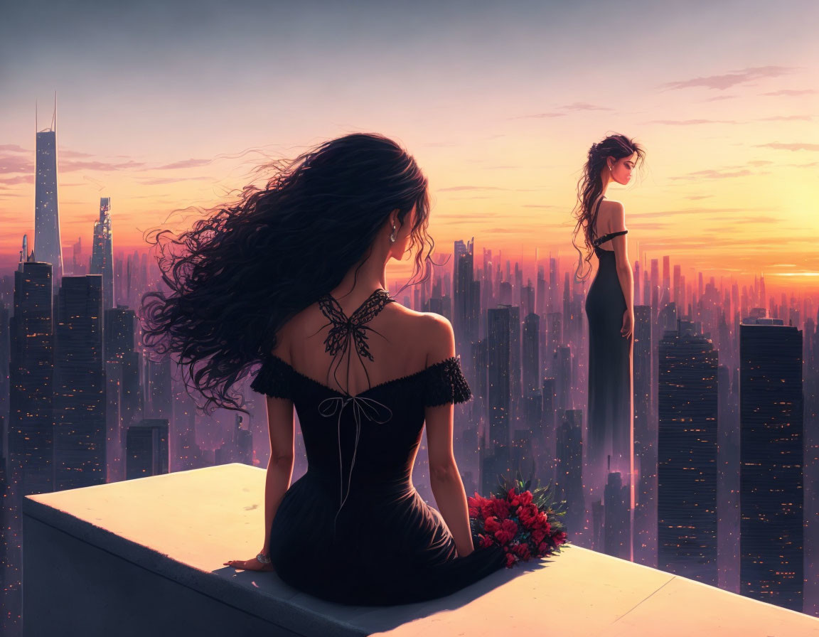 Two women on rooftops at sunset with one holding flowers and the other looking at the city skyline