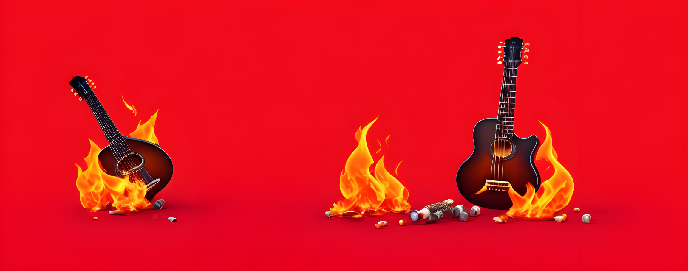 Two acoustic guitars in flames and surrounded by fire on red background with burning matches and pills