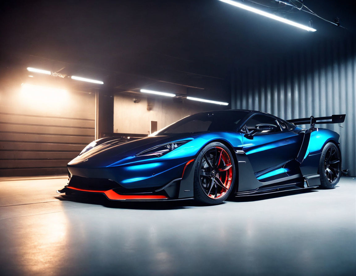 Blue Sports Car with Black and Red Accents and Rear Wing in Dimly Lit Garage