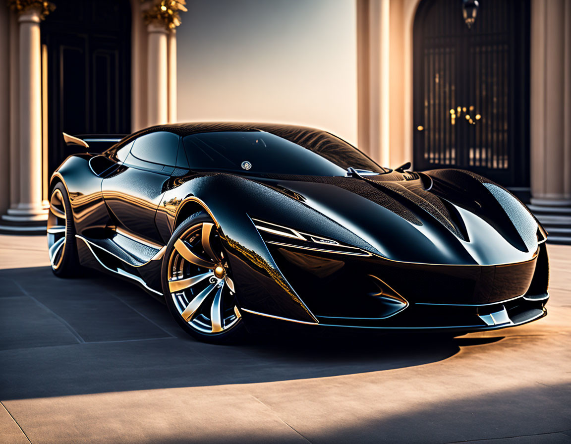 Luxury Black Sports Car Parked in Front of Elegant Building