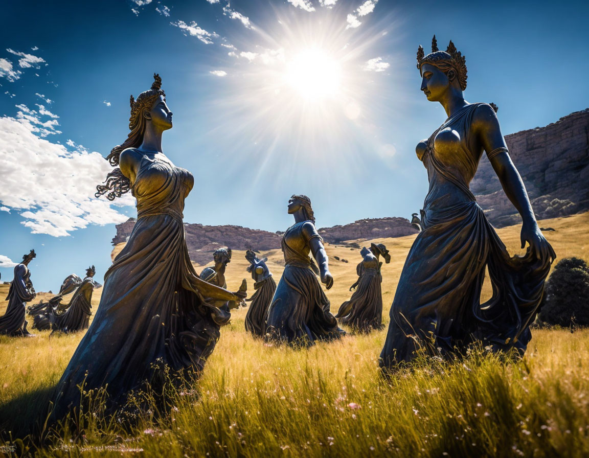 Elegant robed female statues in field under bright sun