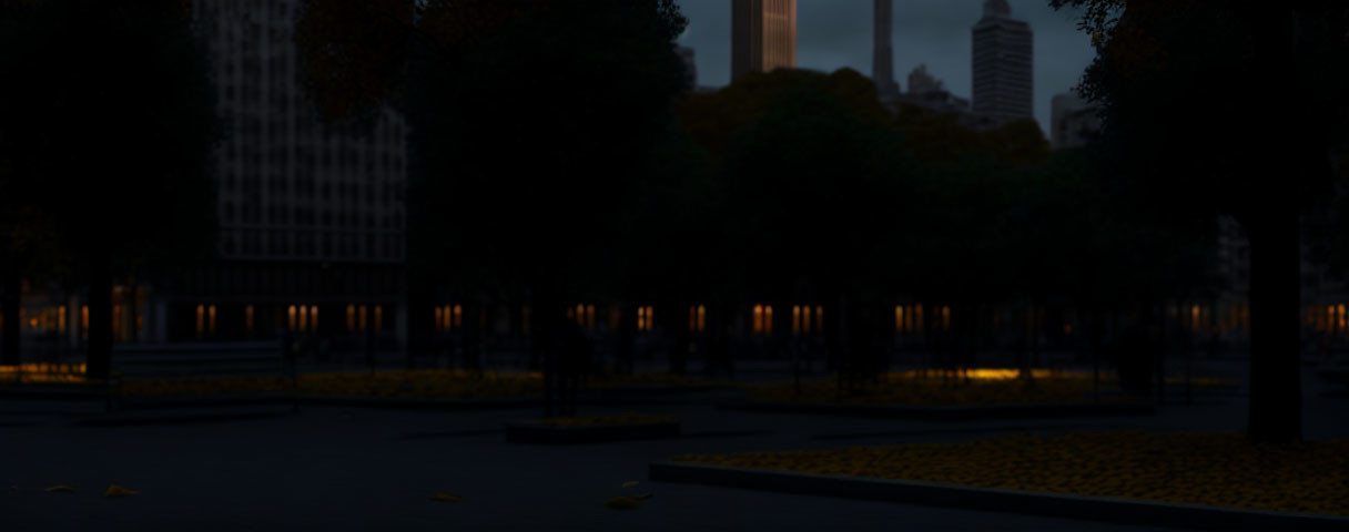 Dimly Lit Park at Dusk with Street Lights and Autumn Leaves