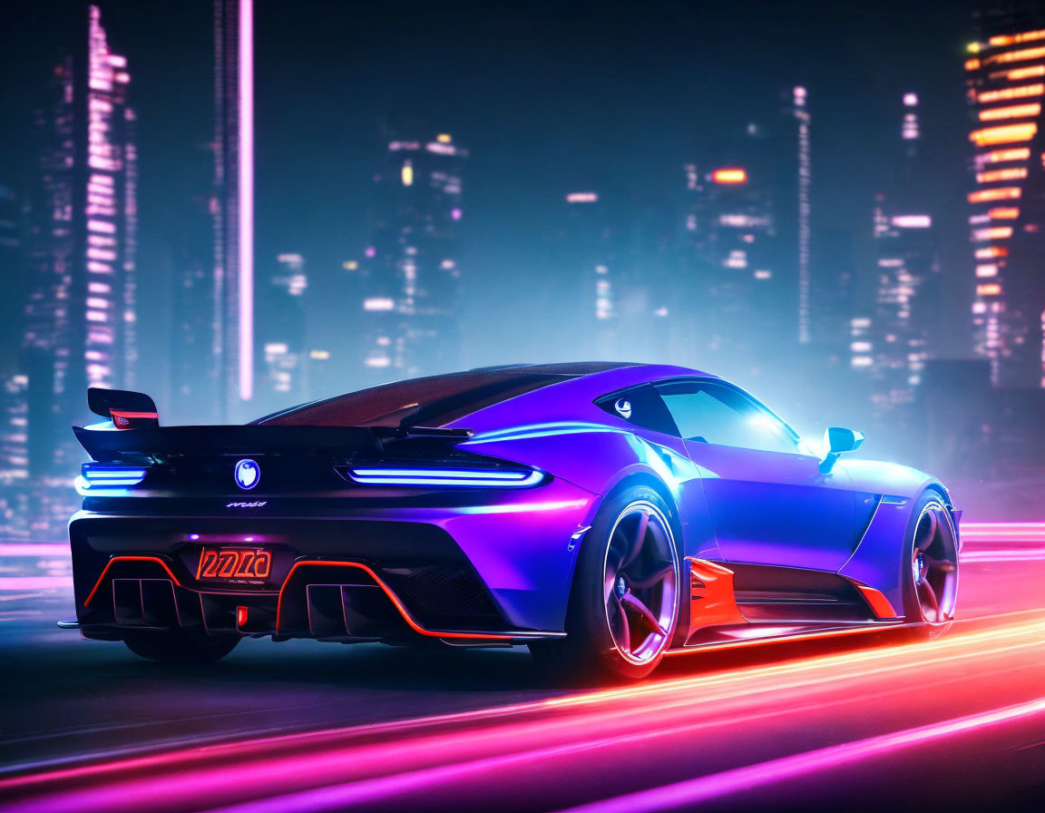 Blue sports car with glowing lights in futuristic city at night