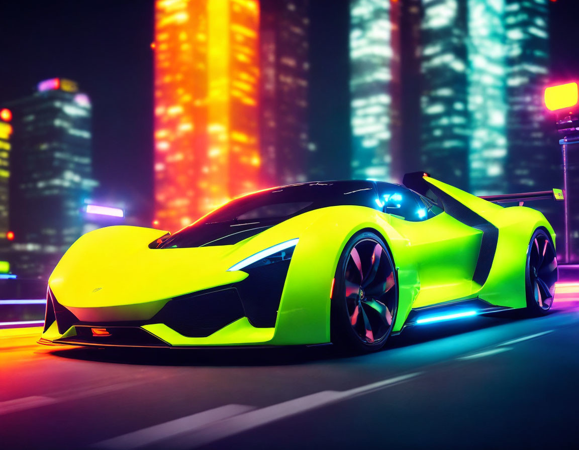 Night city street with neon lights and yellow sports car.