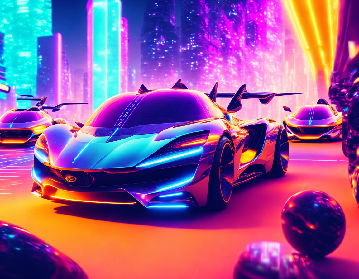 Futuristic sports car with glowing accents in neon-lit cityscape