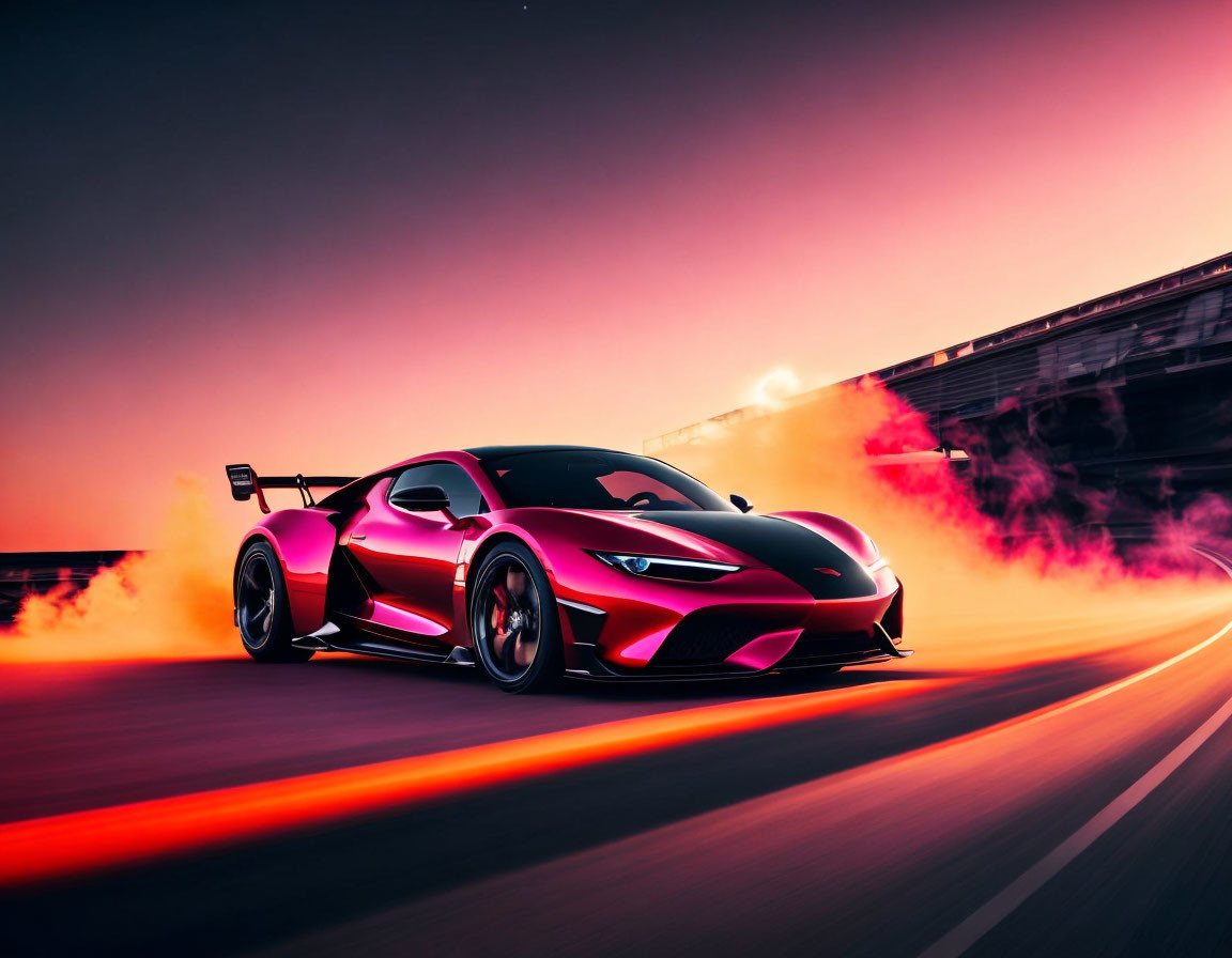 Red sports car with large rear spoiler speeding at sunset