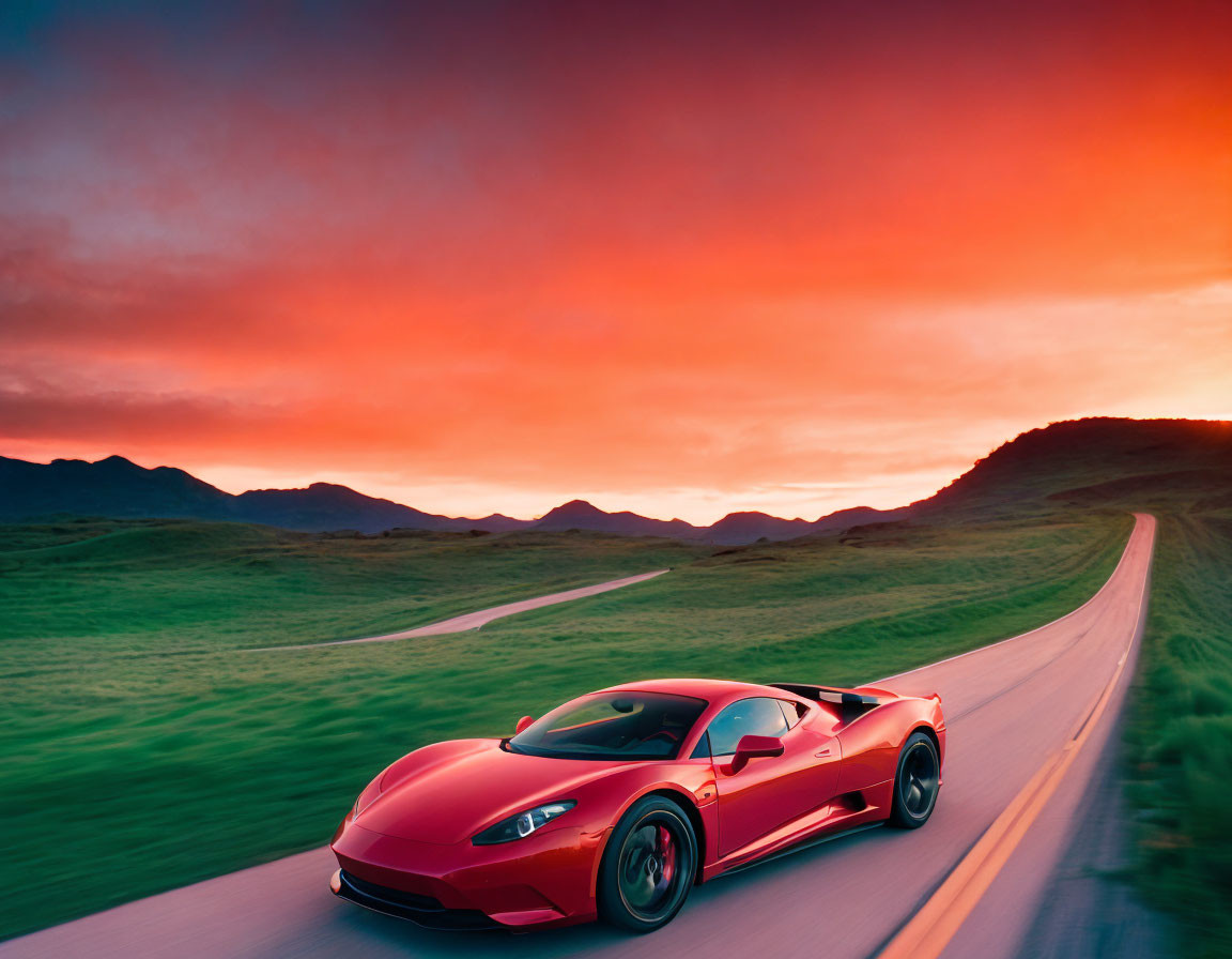 Red sports car driving on winding road through rolling hills at sunset