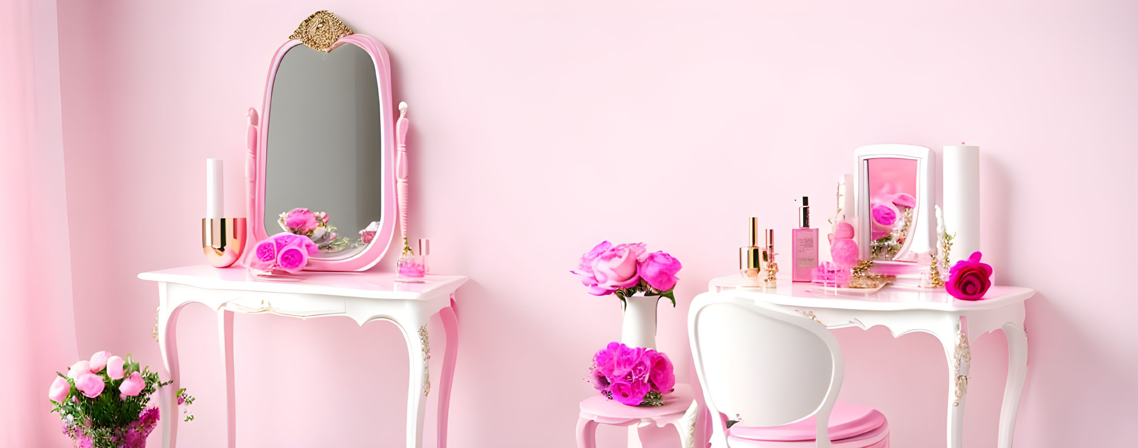 Elegant Pink Vanity Area with Classic Mirror and Beauty Products