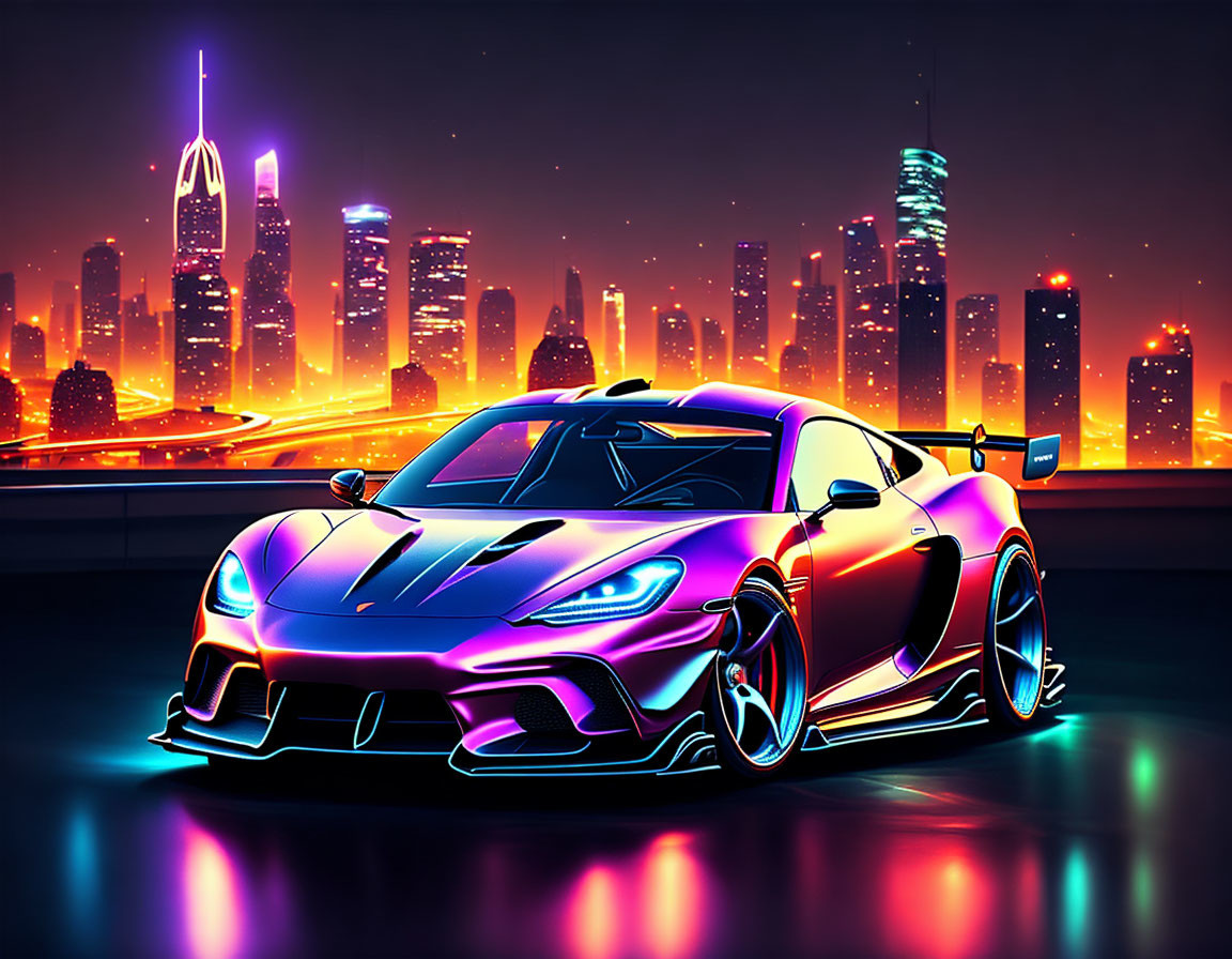 Futuristic city skyline with neon sports car illustration