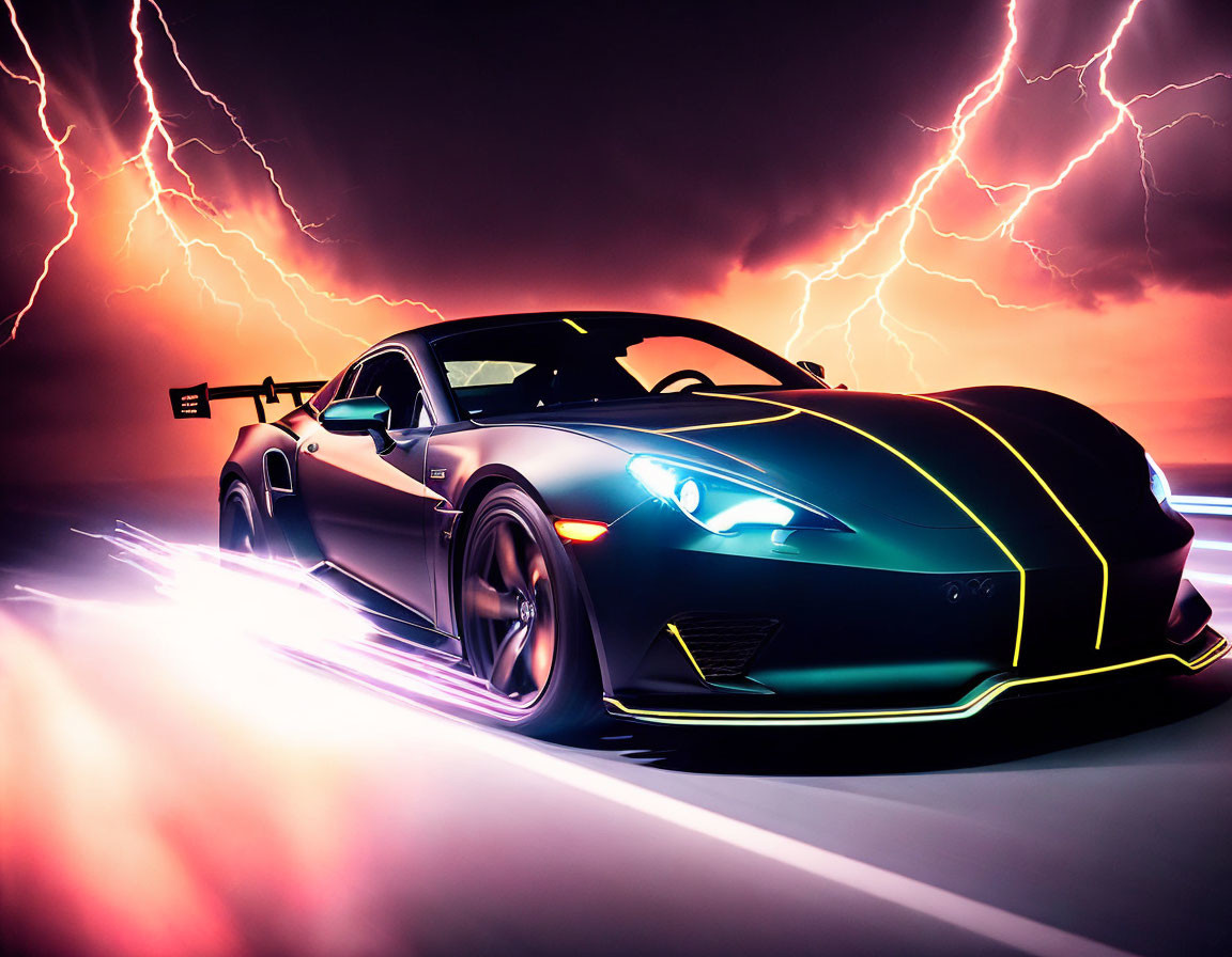 Black sports car with yellow stripes and lightning strikes in motion blur