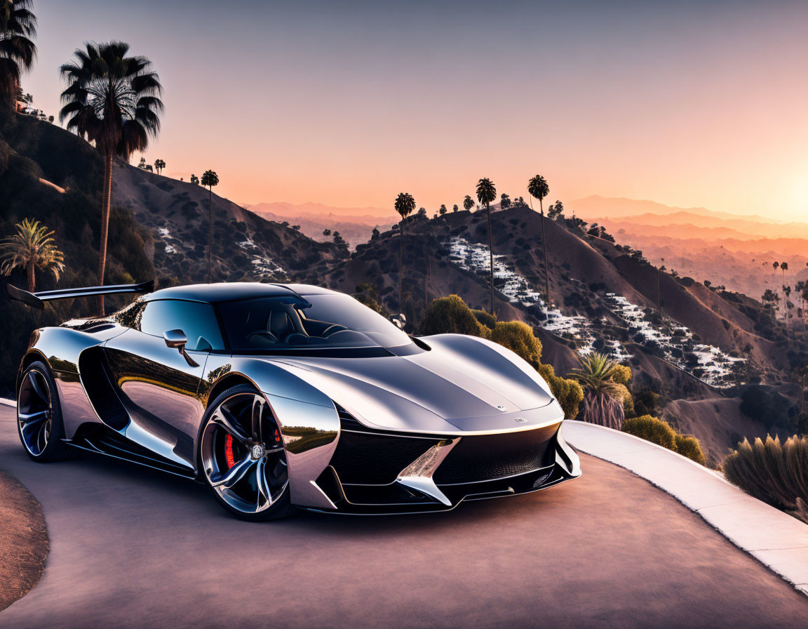 Silver sports car on hillside road at sunset with palm trees & rolling hills