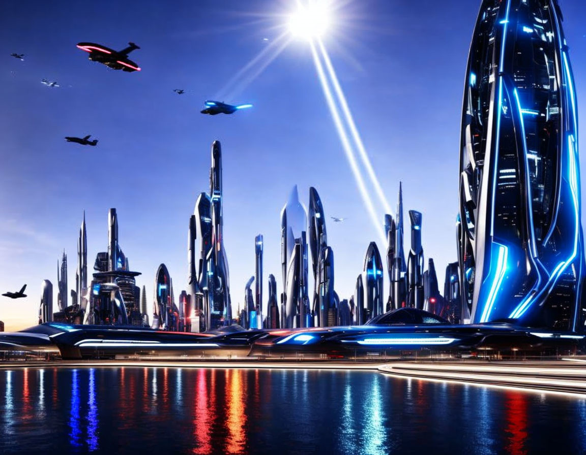 Futuristic cityscape with high-rise buildings and flying vehicles at night