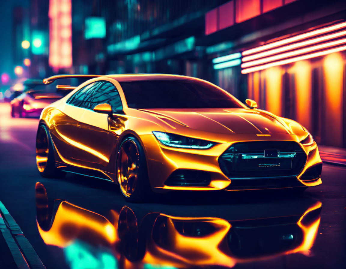 Golden sports car parked on wet street at night under neon city lights