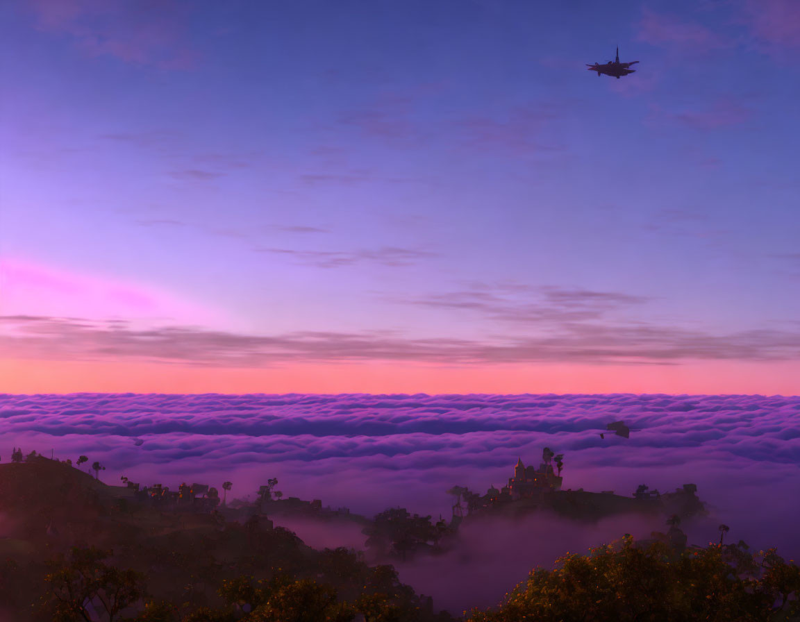 Twilight landscape with plane silhouette above clouds and tree-lined peaks