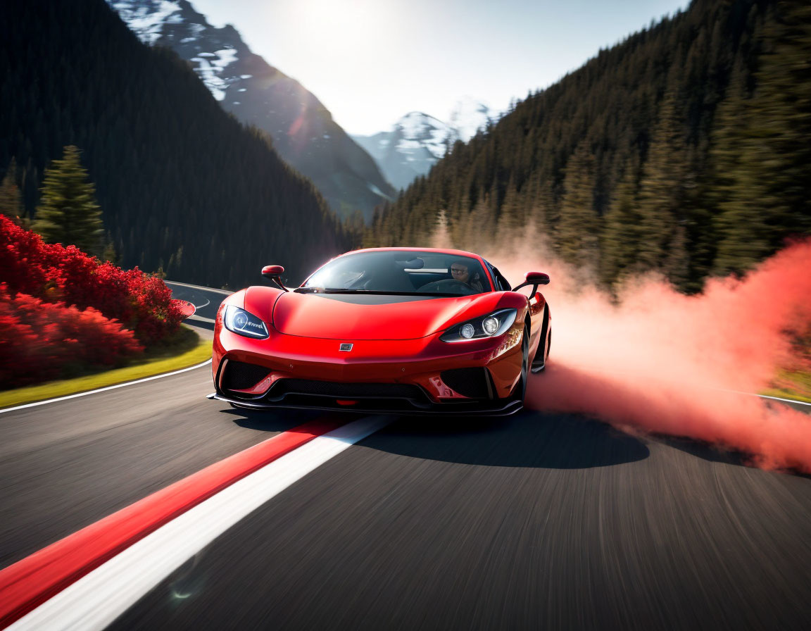 Red sports car on mountain road with red smoke, pine trees, snow-capped peaks