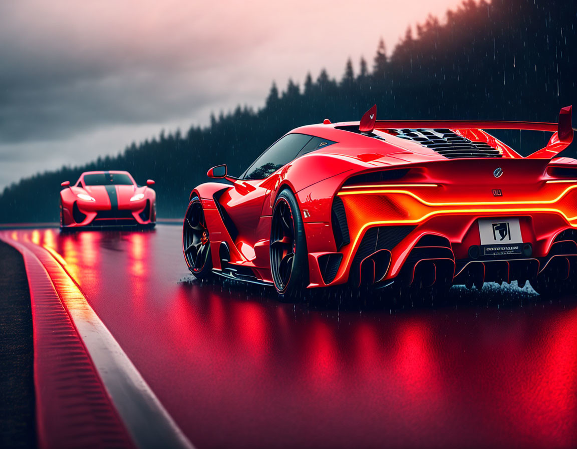 Two red sports cars on wet road under dark rainy sky