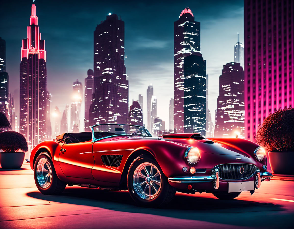 Red Convertible Sports Car Against Neon-Lit City Skyline at Twilight