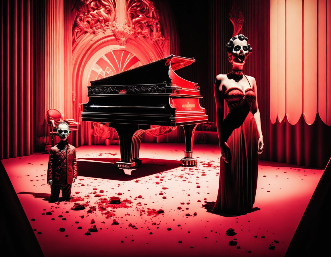 Stylized scene with figures in skull-like makeup, grand piano, and falling petals in dramatic red