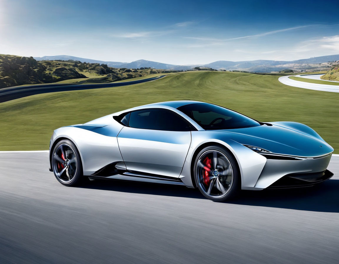 Sleek Silver Sports Car with Red-Accented Wheels on Race Track