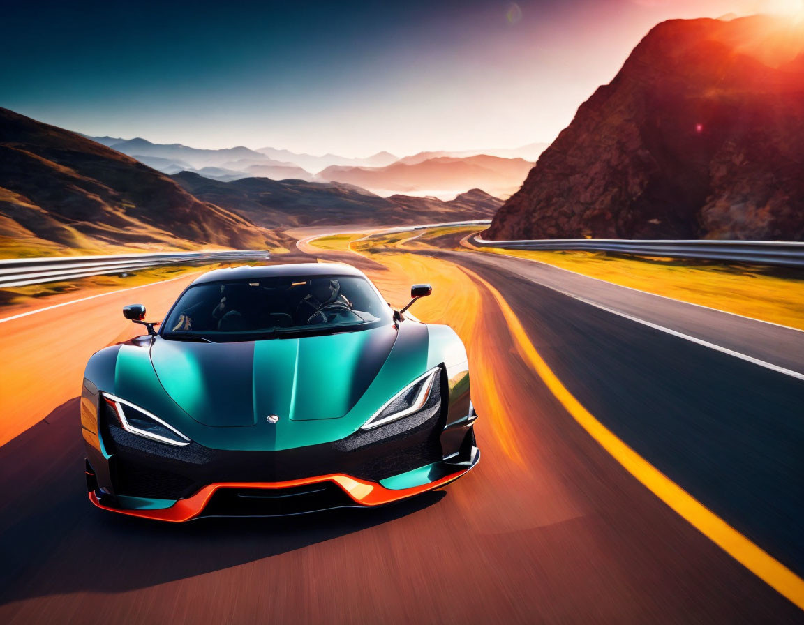 Sleek sports car on winding road at sunset with vibrant orange lines