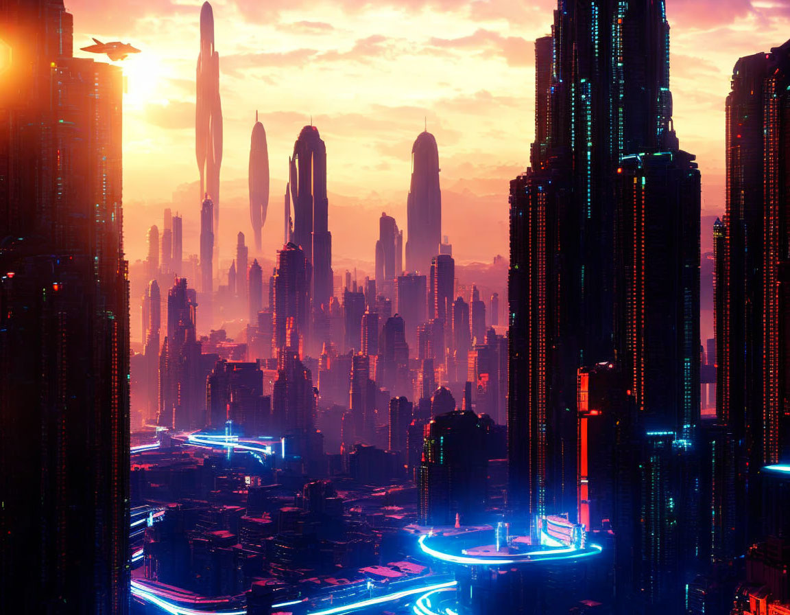 Futuristic cityscape at dusk with neon-lit skyscrapers & flying vehicles