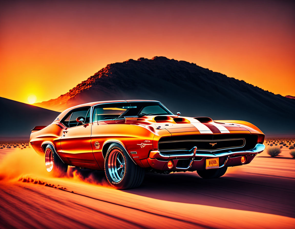 Vintage muscle car races through desert at sunset