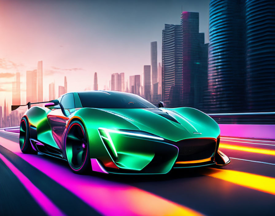 Futuristic green sports car on neon-lit road with skyscrapers