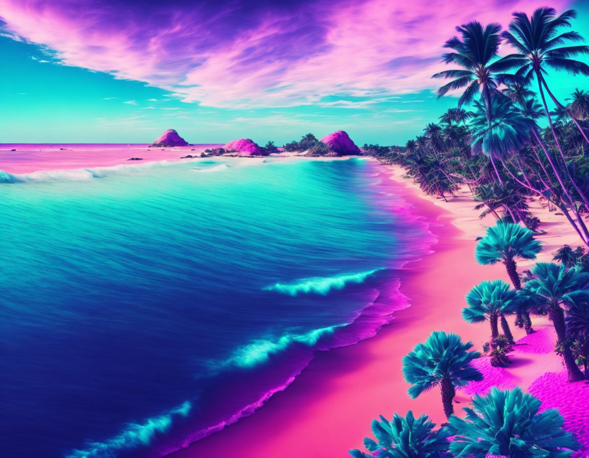 Neon-colored tropical beach scene with palm trees and gentle waves