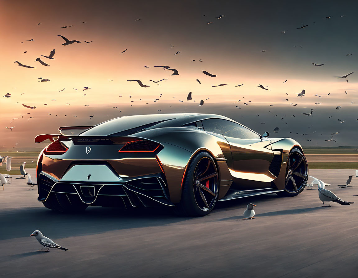 Black sports car with large rear wing parked on tarmac at sunset with birds.