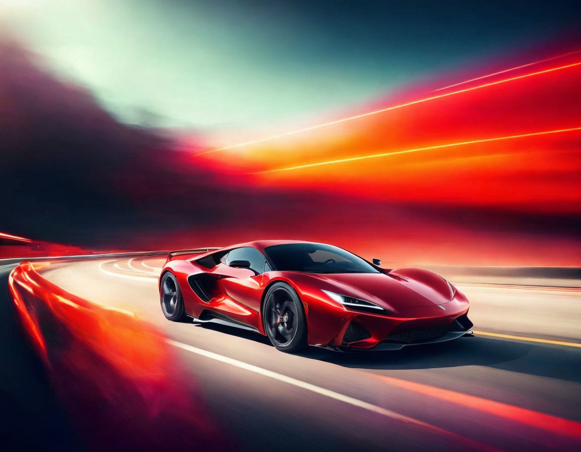 Vibrant red sports car on curved road at dusk