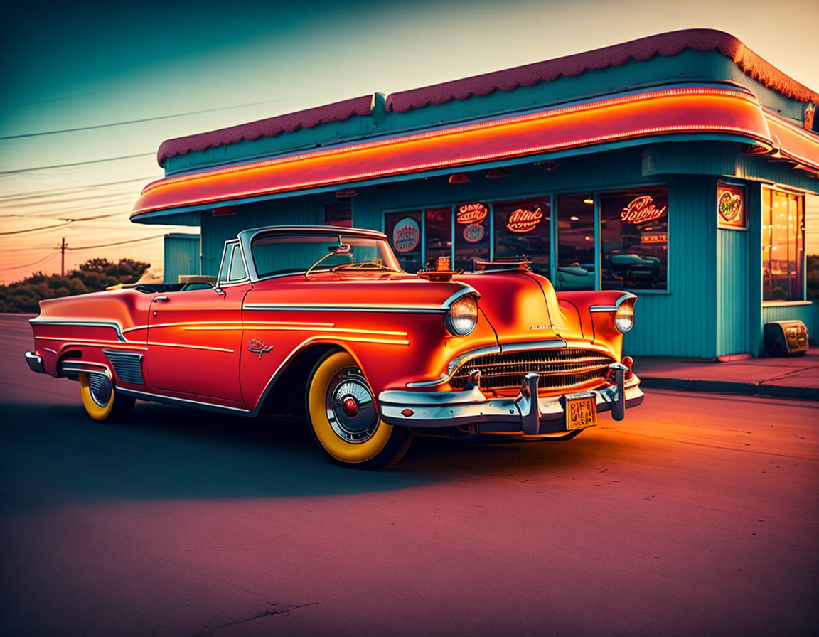 Classic Red Car Outside Retro Diner with Neon Lights at Sunset