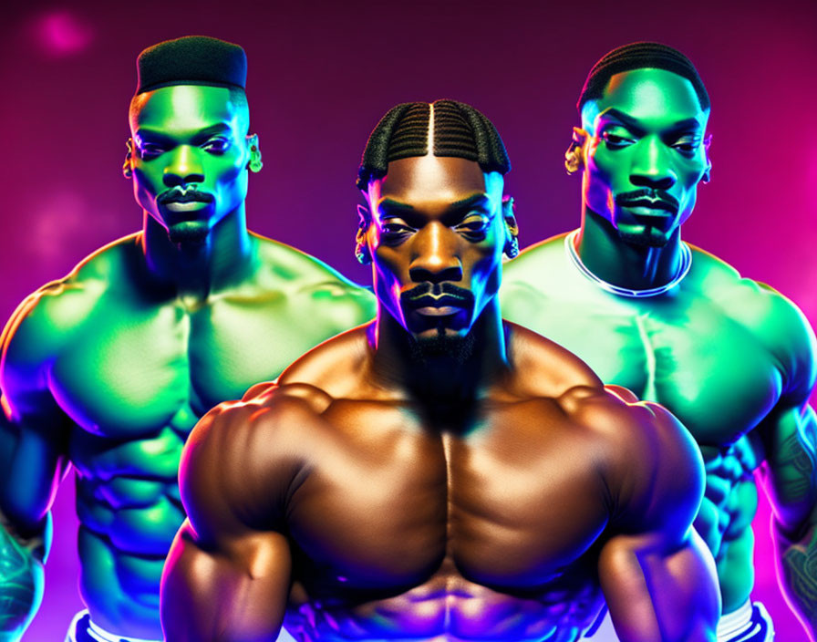 Neon-lit muscular men in intense poses