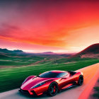 Red sports car driving on road through rolling hills at sunset