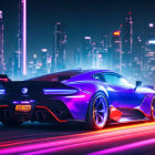 Blue sports car with glowing lights in futuristic city at night