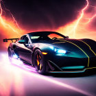 Black sports car with yellow stripes and lightning strikes in motion blur