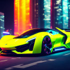 Night city street with neon lights and yellow sports car.